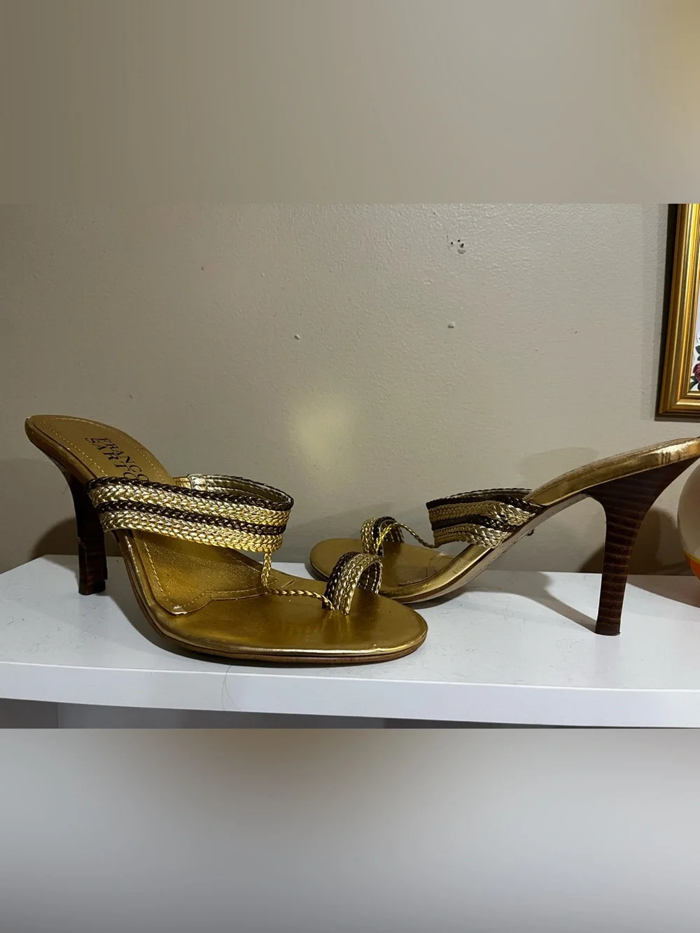 Franco Sarto Metallic Gold Braided-Strap Heels